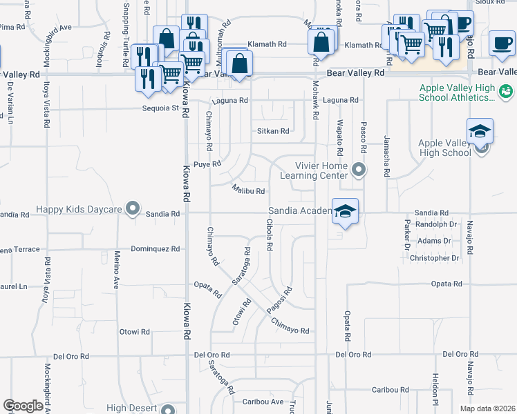 map of restaurants, bars, coffee shops, grocery stores, and more near 21077 Sandia Road in Apple Valley
