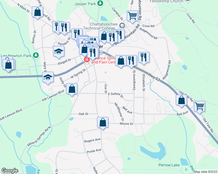 map of restaurants, bars, coffee shops, grocery stores, and more near 99 Cox Street in Jasper