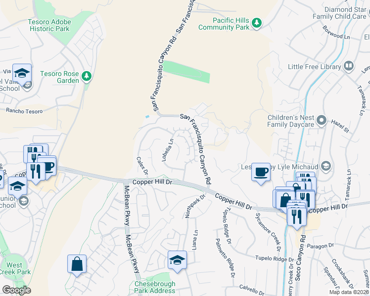 map of restaurants, bars, coffee shops, grocery stores, and more near 28425 Meadowlark Court in Santa Clarita