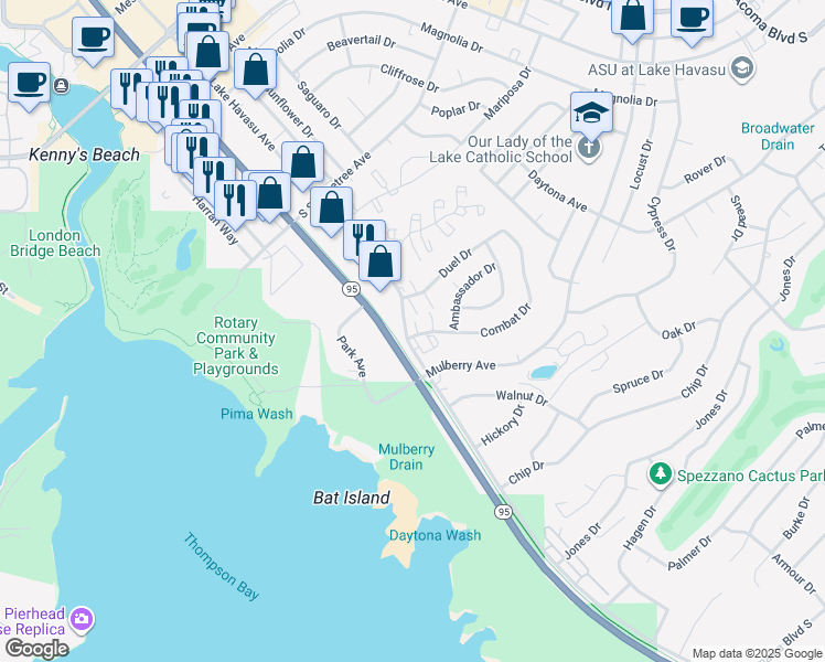 map of restaurants, bars, coffee shops, grocery stores, and more near 1700 Combat Drive in Lake Havasu City