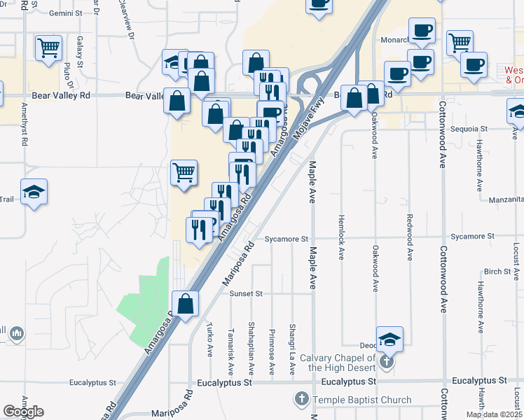 map of restaurants, bars, coffee shops, grocery stores, and more near 11768 Mariposa Road in Hesperia