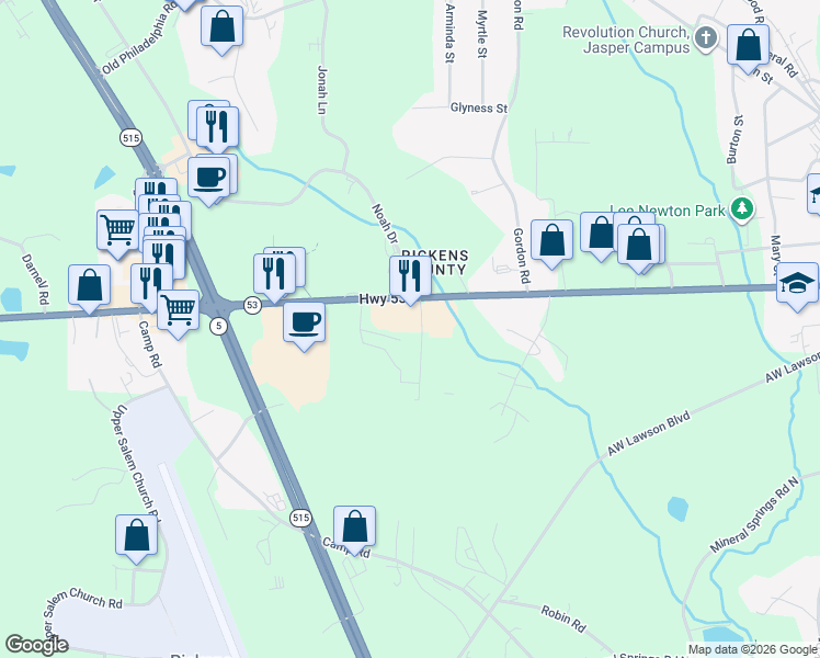 map of restaurants, bars, coffee shops, grocery stores, and more near 76 Sammy McGhee Boulevard in Jasper
