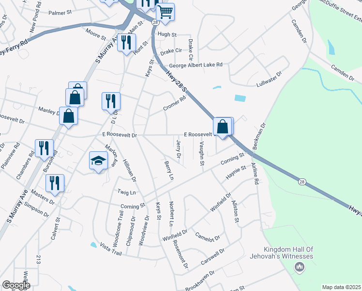 map of restaurants, bars, coffee shops, grocery stores, and more near 3323 Jerry Drive in Anderson