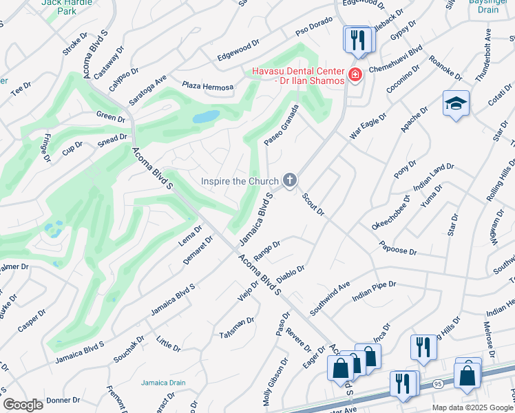 map of restaurants, bars, coffee shops, grocery stores, and more near 2673 Jamaica Boulevard South in Lake Havasu City