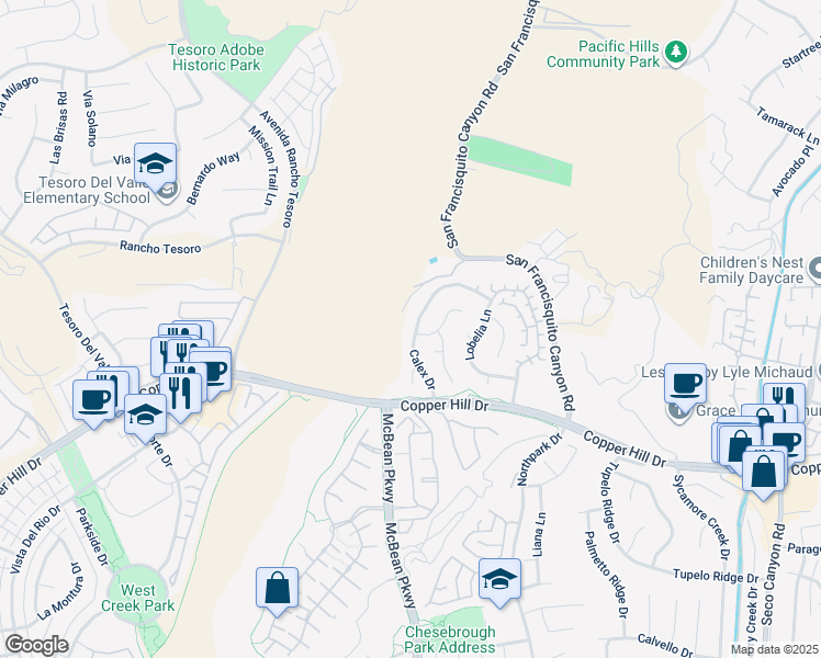 map of restaurants, bars, coffee shops, grocery stores, and more near 28403 Calex Drive in Santa Clarita