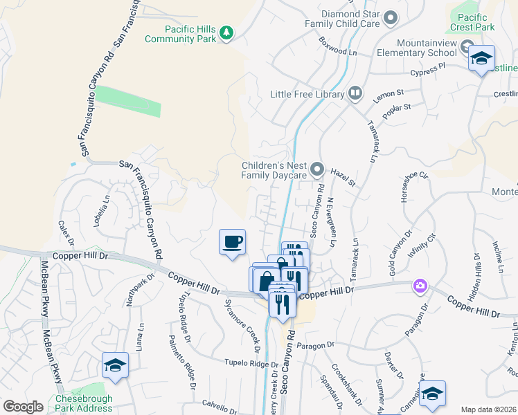 map of restaurants, bars, coffee shops, grocery stores, and more near 22945 Banyan Place in Santa Clarita