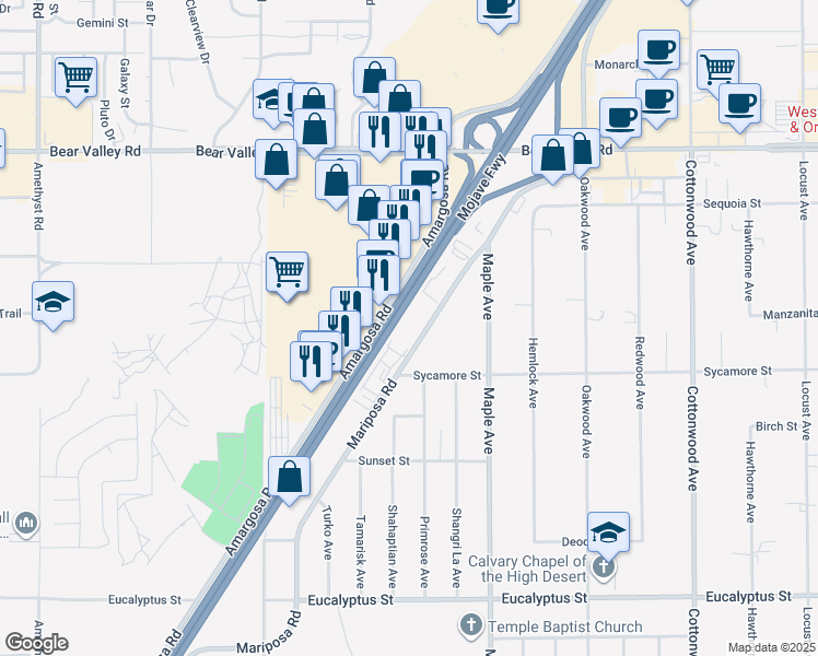 map of restaurants, bars, coffee shops, grocery stores, and more near 11768 Mariposa Road in Hesperia