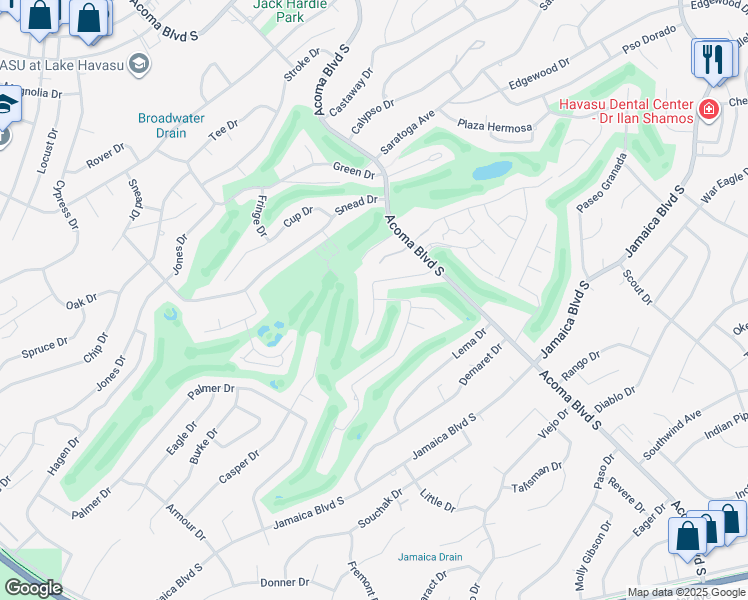 map of restaurants, bars, coffee shops, grocery stores, and more near 2344 Hogan Lane in Lake Havasu City
