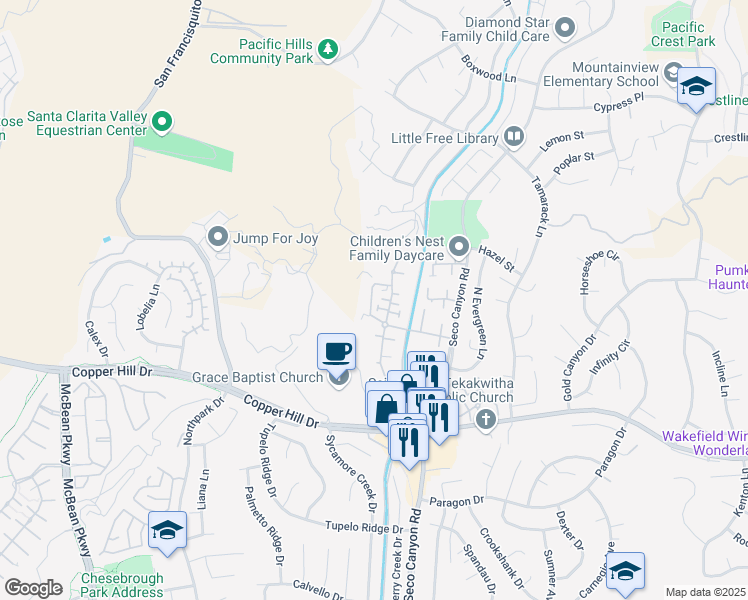 map of restaurants, bars, coffee shops, grocery stores, and more near 22945 Banyan Place in Santa Clarita