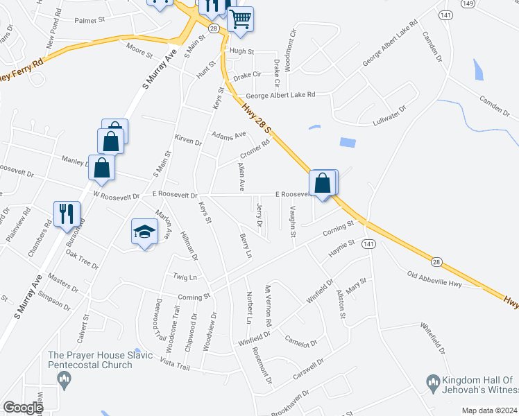 map of restaurants, bars, coffee shops, grocery stores, and more near 5 Honeysuckle Lane in Anderson