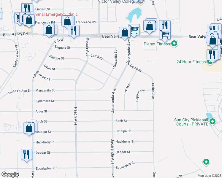 map of restaurants, bars, coffee shops, grocery stores, and more near 11742 Jacaranda Avenue in Hesperia