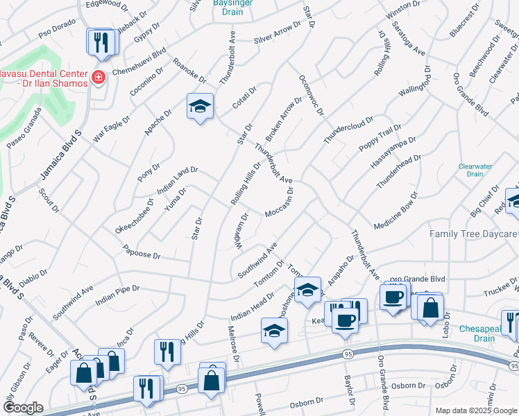 map of restaurants, bars, coffee shops, grocery stores, and more near 3117 Moccasin Drive in Lake Havasu City