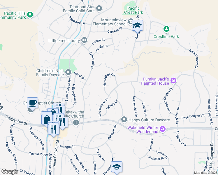 map of restaurants, bars, coffee shops, grocery stores, and more near 22310 Hideout Court in Santa Clarita