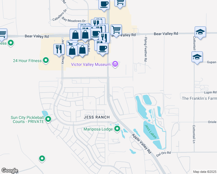 map of restaurants, bars, coffee shops, grocery stores, and more near 11080 Mohawk Road in Apple Valley