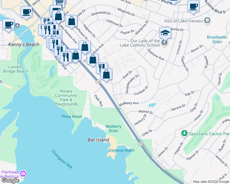map of restaurants, bars, coffee shops, grocery stores, and more near 1718 Duel Drive in Lake Havasu City