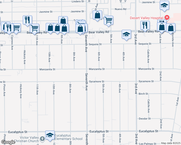 map of restaurants, bars, coffee shops, grocery stores, and more near 16125 Manzanita Street in Hesperia