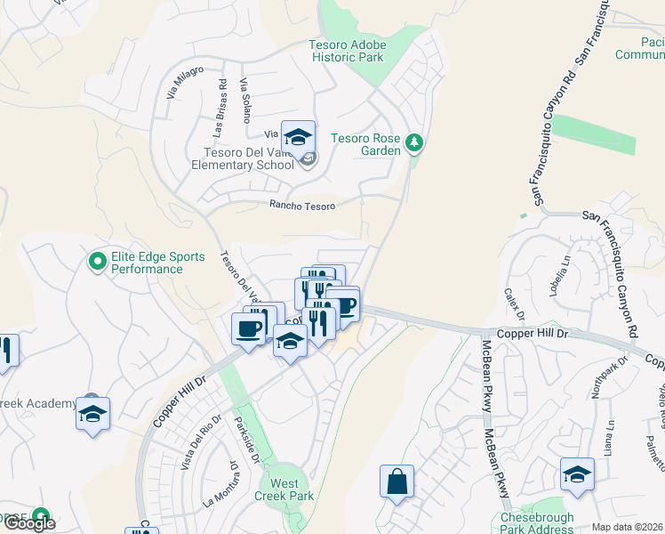 map of restaurants, bars, coffee shops, grocery stores, and more near 29013 Mirada Circulo in Santa Clarita