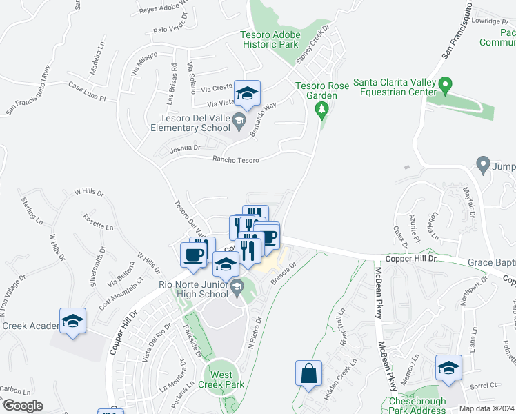 map of restaurants, bars, coffee shops, grocery stores, and more near 23820 Via Campana in Santa Clarita