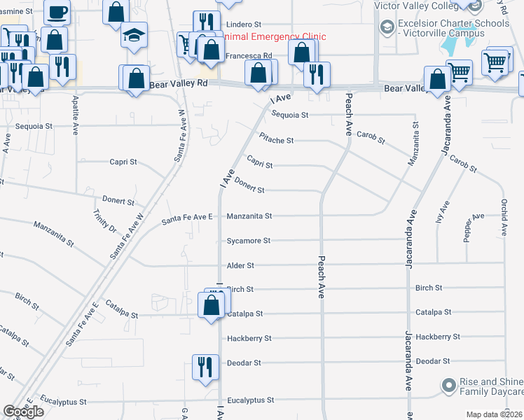 map of restaurants, bars, coffee shops, grocery stores, and more near 17819 Donert Street in Hesperia