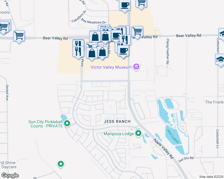 map of restaurants, bars, coffee shops, grocery stores, and more near 19182 Elm Drive in Apple Valley
