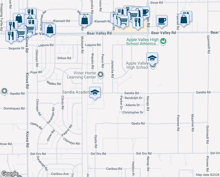 map of restaurants, bars, coffee shops, grocery stores, and more near 11761 Jamacha Road in Apple Valley