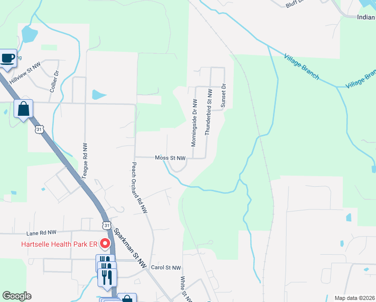 map of restaurants, bars, coffee shops, grocery stores, and more near 1906 Morningside Drive Northwest in Hartselle