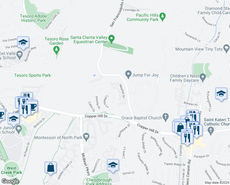 map of restaurants, bars, coffee shops, grocery stores, and more near 28348 Berylwood Place in Santa Clarita