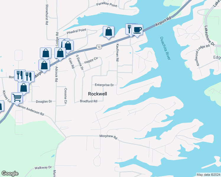 map of restaurants, bars, coffee shops, grocery stores, and more near 144 Enterprise Drive in Hot Springs