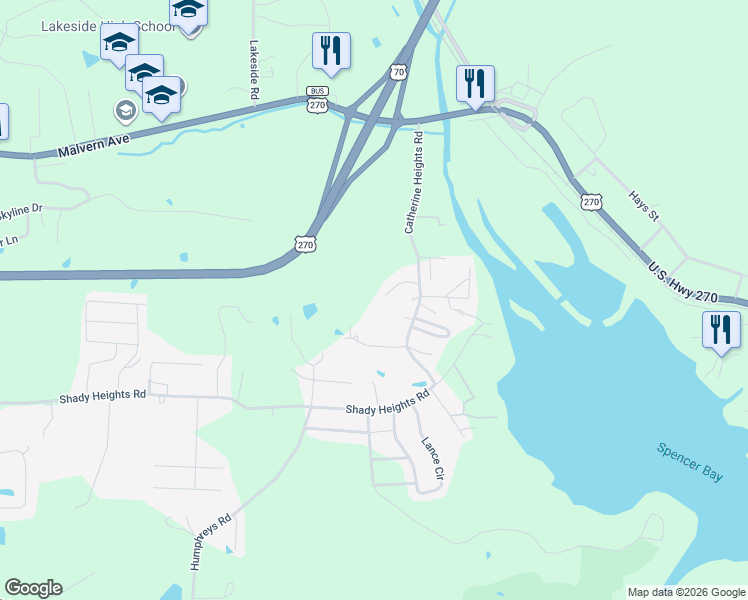 map of restaurants, bars, coffee shops, grocery stores, and more near 138 Catherine Heights Road in Hot Springs
