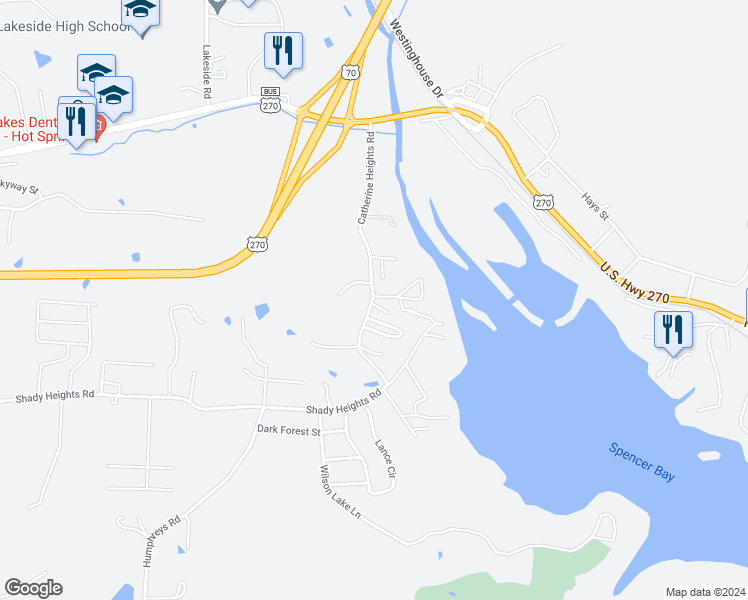 map of restaurants, bars, coffee shops, grocery stores, and more near 267 Catherine Heights Road in Hot Springs