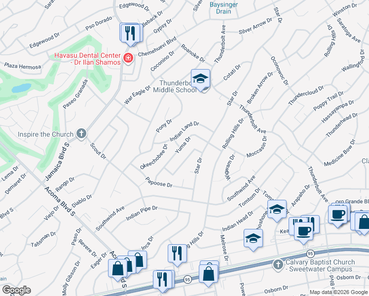 map of restaurants, bars, coffee shops, grocery stores, and more near 2930 Yuma Drive in Lake Havasu City