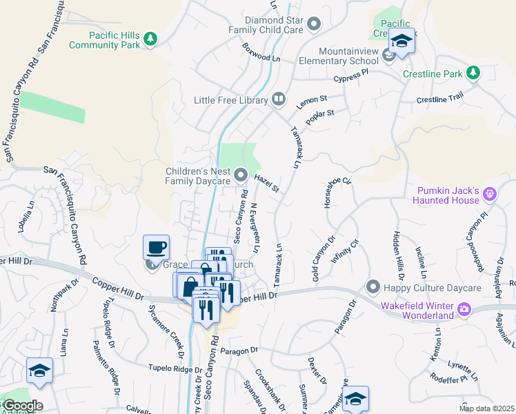 map of restaurants, bars, coffee shops, grocery stores, and more near 28406 North Evergreen Lane in Santa Clarita