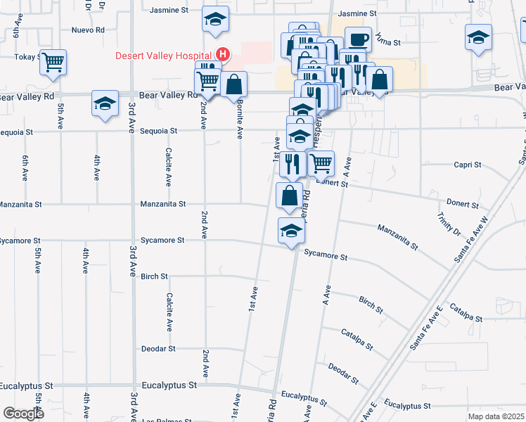 map of restaurants, bars, coffee shops, grocery stores, and more near 16865 Manzanita Street in Hesperia