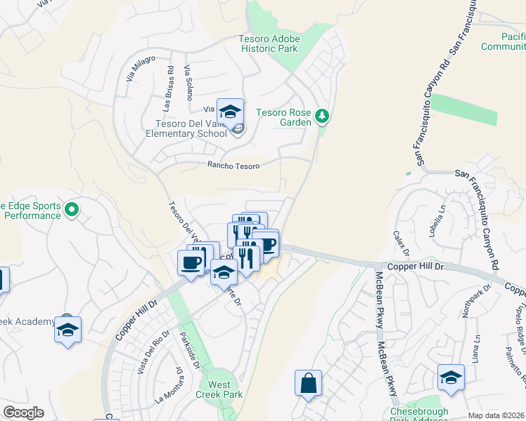 map of restaurants, bars, coffee shops, grocery stores, and more near 23820 Via Campana in Santa Clarita