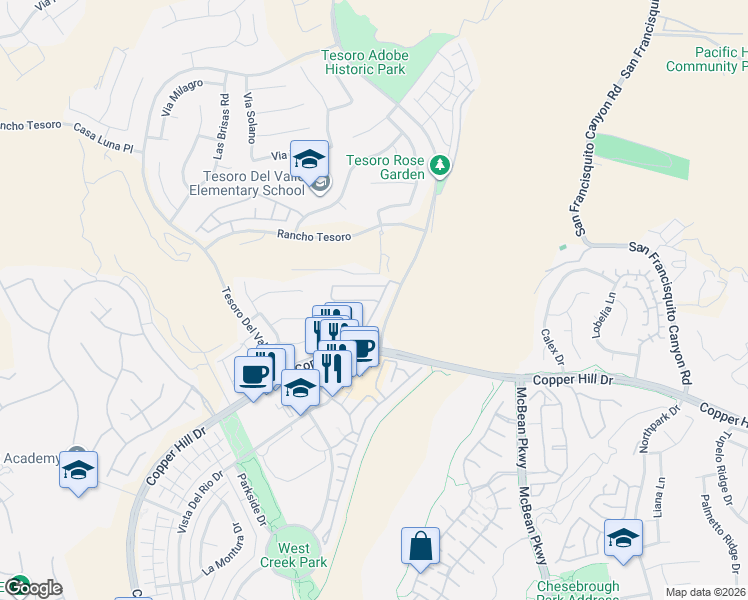 map of restaurants, bars, coffee shops, grocery stores, and more near 23806 Via Campana in Santa Clarita