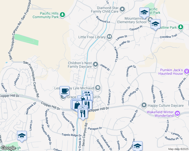 map of restaurants, bars, coffee shops, grocery stores, and more near 28345 Seco Canyon Road in Santa Clarita