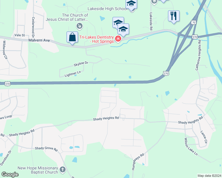 map of restaurants, bars, coffee shops, grocery stores, and more near 212 Clubhouse Circle in Garland County