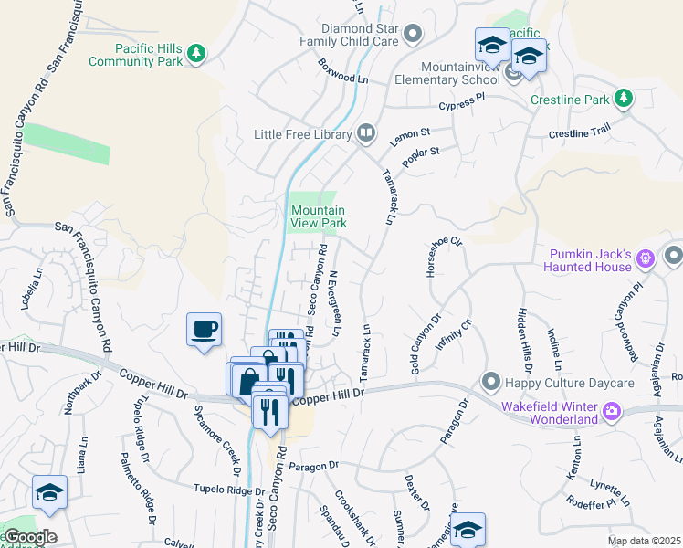 map of restaurants, bars, coffee shops, grocery stores, and more near 28410 North Evergreen Lane in Santa Clarita