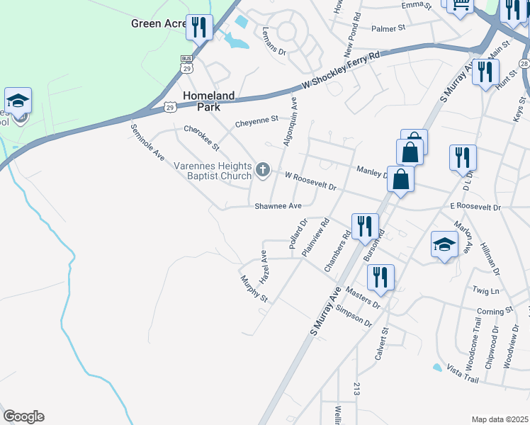 map of restaurants, bars, coffee shops, grocery stores, and more near 3705 Shawnee Avenue in Anderson