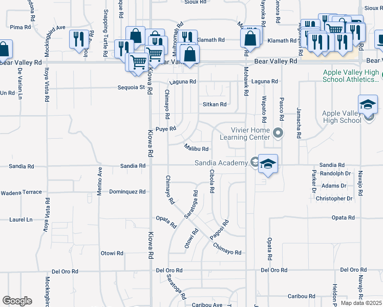 map of restaurants, bars, coffee shops, grocery stores, and more near 21057 Malibu Road in Apple Valley