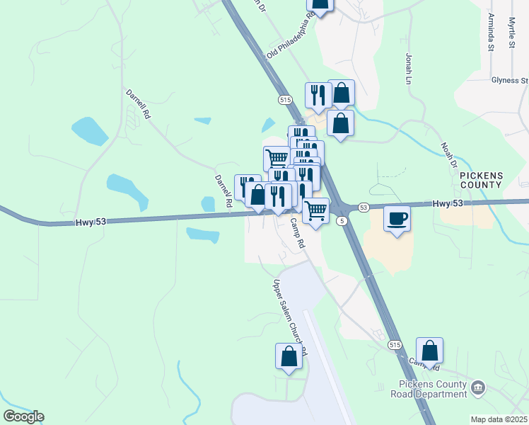 map of restaurants, bars, coffee shops, grocery stores, and more near Highway 53 West in Jasper