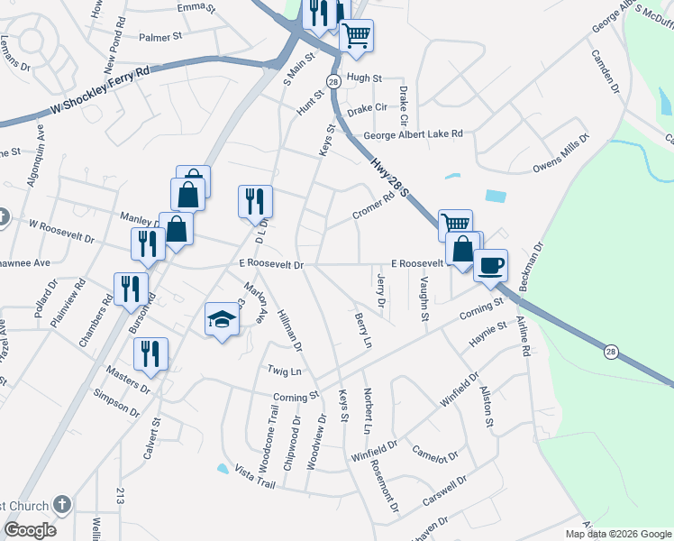 map of restaurants, bars, coffee shops, grocery stores, and more near 319 East Roosevelt Drive in Anderson