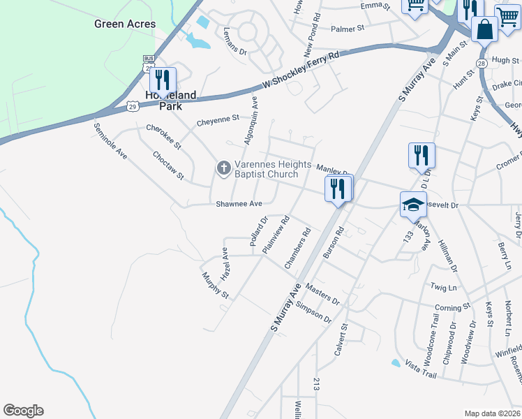 map of restaurants, bars, coffee shops, grocery stores, and more near 3508 Shawnee Avenue in Anderson