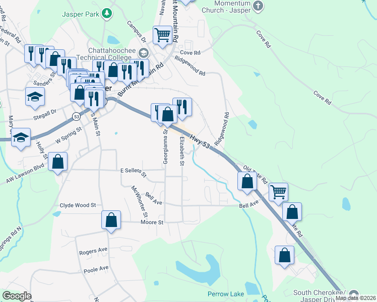 map of restaurants, bars, coffee shops, grocery stores, and more near 540 East Church Street in Jasper