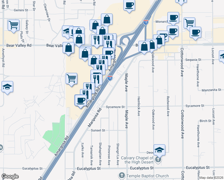 map of restaurants, bars, coffee shops, grocery stores, and more near 11701-11949 Mariposa Rd in Hesperia