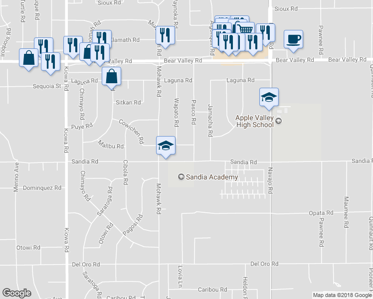 map of restaurants, bars, coffee shops, grocery stores, and more near 21371 Tono Road in Apple Valley