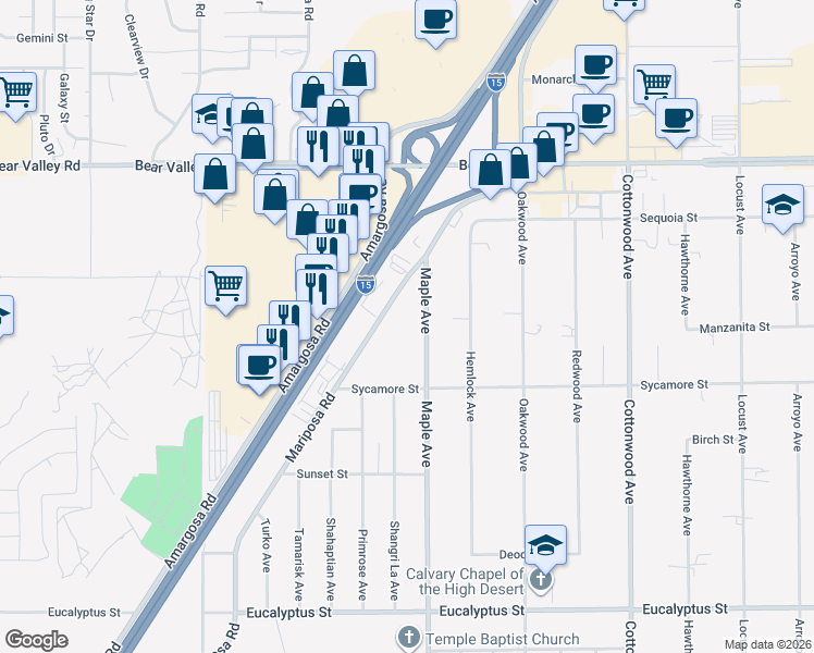 map of restaurants, bars, coffee shops, grocery stores, and more near 11701-11949 Mariposa Rd in Hesperia