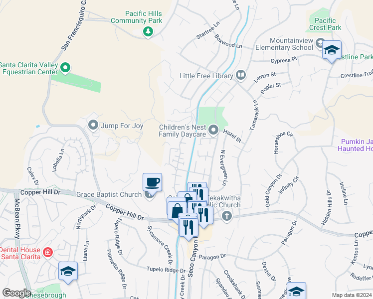 map of restaurants, bars, coffee shops, grocery stores, and more near 28331 Seco Canyon Road in Santa Clarita