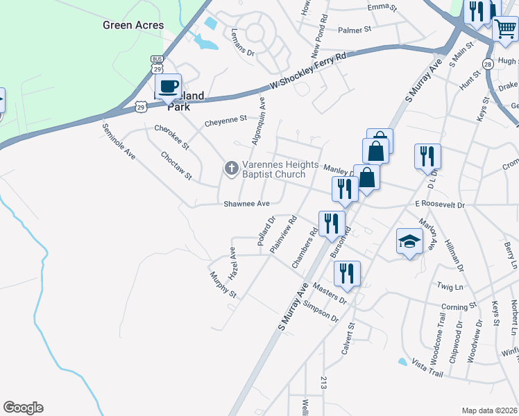 map of restaurants, bars, coffee shops, grocery stores, and more near 3508 Shawnee Avenue in Anderson
