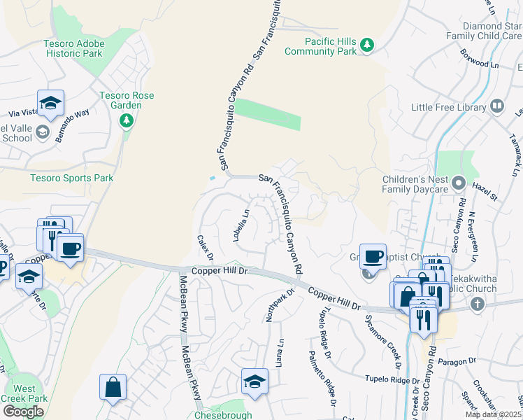 map of restaurants, bars, coffee shops, grocery stores, and more near 28461 Meadowlark Court in Santa Clarita